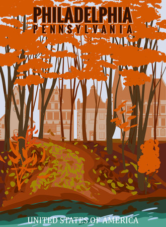 Philadelphia Autumn park valley, forest trail, walkway, river, lake, trees orange, yellow foliage. Poster fall seasoneのイラスト素材