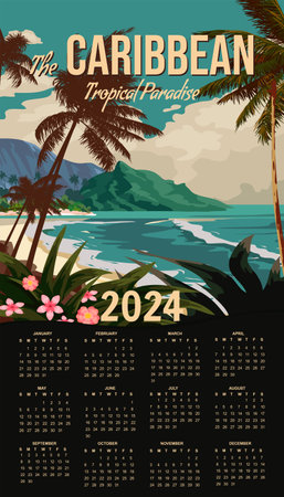 Calendar 2024 Caribbean Travel wall poster tropical resort vintageのイラスト素材