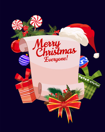 Old scroll Merry Christmas greeting card, gifts, candy, ballsのイラスト素材