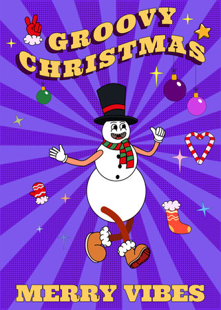 Poster Groovy hippie Christmas. Snowman in trendy retro cartoon styleのイラスト素材