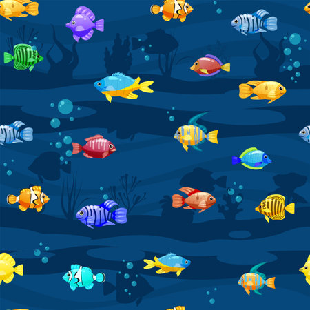 Tropical fishes cartoon seamless pattern. Cute funny underwater charactersのイラスト素材