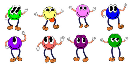 Groovy Cartoon Set of funny cartoon smile characters, vintage. Funky comic bright emoticon stickersのイラスト素材