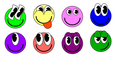 Cartoon Collection of Groovy funny cartoon smile characters, vintage. Funky comic bright emoticon stickersのイラスト素材