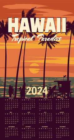Calendar 2024 Hawaii vintage wall travel posterのイラスト素材