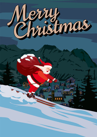 Santa Claus skiing in snow mountains with a sack full gifts, travel posteのイラスト素材