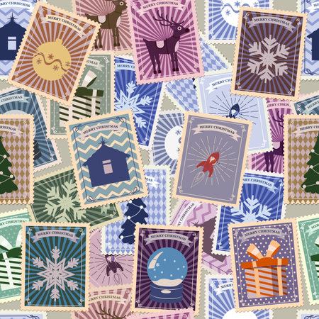 Postal stamp seamless pattern Christmas old postage stampsのイラスト素材