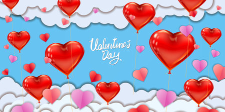 Valentine day papercut craft design horizontal banner, red pink balloon hearts and clouds. Template background for greeting card, sale, invitation, vectorのイラスト素材