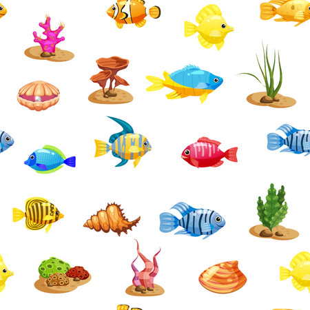 Seamless pattern Tropical fishes, shells, seaweed cartoon. Cute funny underwater charactersのイラスト素材