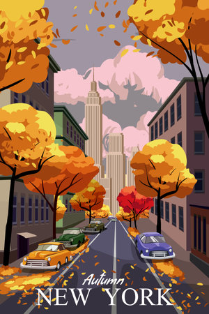 New York city Travel vintage poster autumn streetのイラスト素材