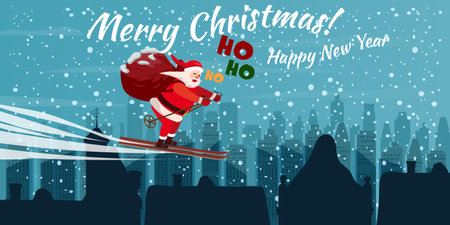 Merry Christmas Santa Claus flying in the night sky by ski with sack full giftsのイラスト素材