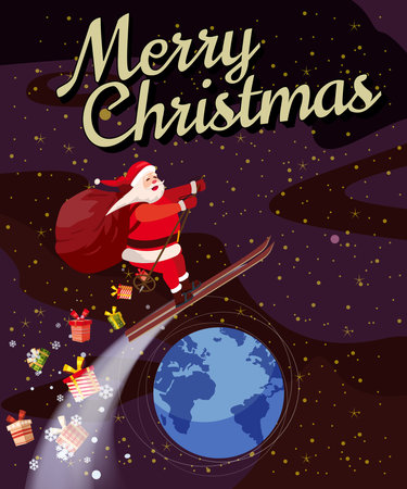 Santa Claus flying in the outer space by ski with sack full giftsのイラスト素材