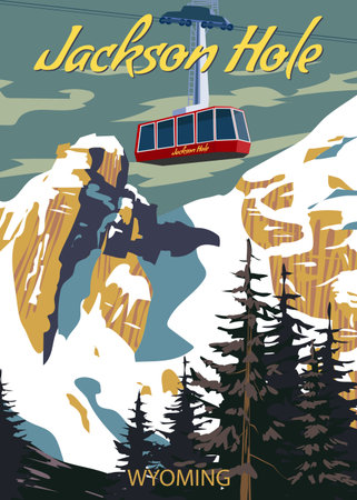 Jackson Hole Travel Ski resort poster vintage. Wyoming USA winter landscape travel cardのイラスト素材