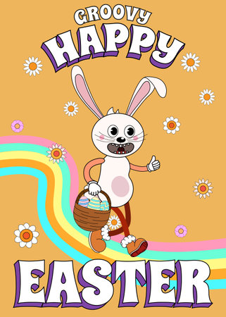 Vintage Happy Easter poster Trendy Easter Groovy 1970 style with bunny, flowers, egg, rainbowのイラスト素材