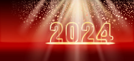 Banner Happy New Year 2024 shining light sparkles, red background