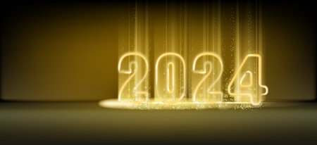2024 Happy New Year shining light sparkles background. Gold numbers decoration and glow light effectのイラスト素材