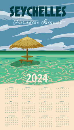 Calendar 2024 Seychelles travel poster wall vintageのイラスト素材