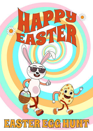 Vintage Happy Easter poster Trendy Easter Groovy 1970 style with bunny in sunglasses, flowers, egg, swirlのイラスト素材