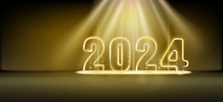 2024 Happy New Year shining light sparkles background. Gold numbers decoration and glow light effectのイラスト素材