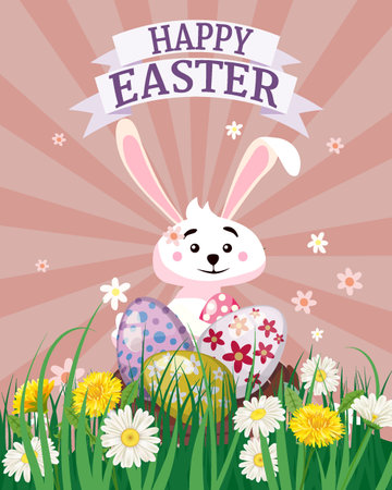 Happy Easter poster eggs hunt, white cute bunny with color eggsのイラスト素材