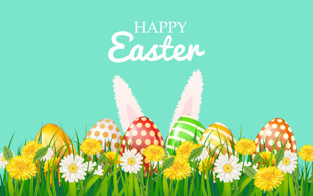 Happy easter eggs colored, bunny ears, green grass daisy and dandelionのイラスト素材