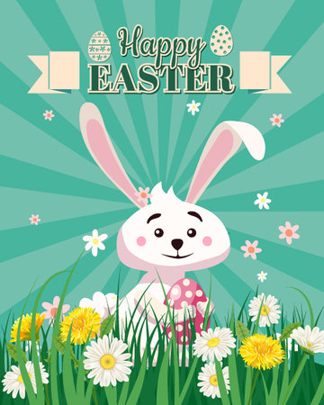 Happy Easter poster eggs hunt, white cute bunny with color eggsのイラスト素材