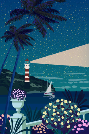 Poster Lighthouse tower, beacon on tropical seashore ocean with ray of lightのイラスト素材