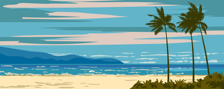 Exotic Tropical landscape beach resort, paradise island, palms, ocean, sea bannerのイラスト素材