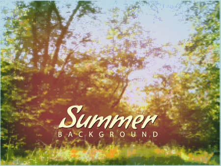 Summer background forest trees halftone dots banner. Vector illustrationのイラスト素材