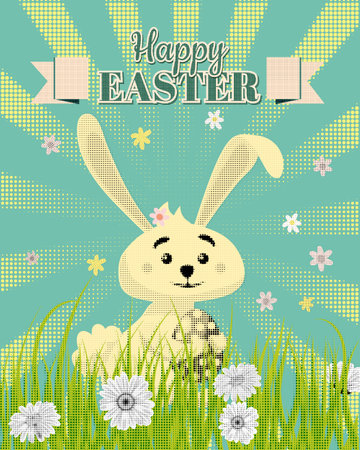 Happy Easter poster eggs hunt, white cute bunny with color eggsのイラスト素材