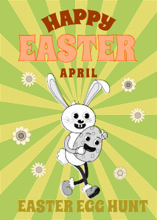 Happy Easter Groovy cartoon poster retro. Funny bunny with egg, Easter egg huntのイラスト素材