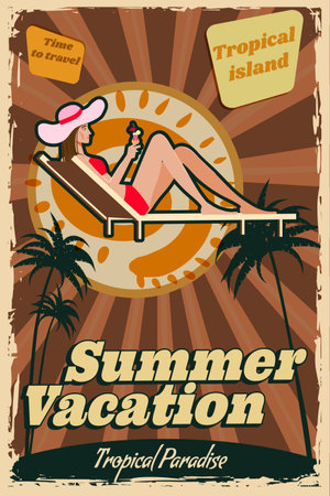 Vintage Poster Woman in chaise lounge on seashore oceanのイラスト素材