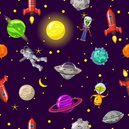 Seamless pattern space planets, rockets and starsのイラスト素材
