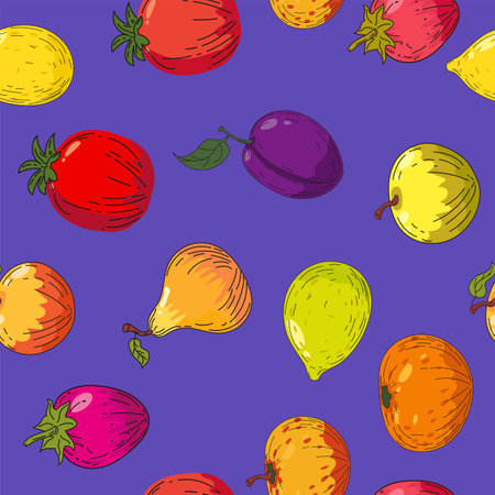 Seamless pattern colorful bright fruits. Hand drawing sketch fruitsのイラスト素材