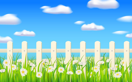 Spring green grass, daisy flowers, white fenceのイラスト素材