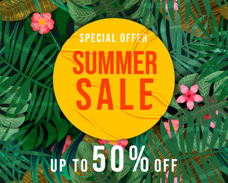 Summer Sale Template background tropical plants, flowers and leavesのイラスト素材