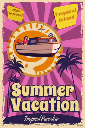 Summer Vacation poster retro, speedboat on the ocean, island, coast, palmsのイラスト素材