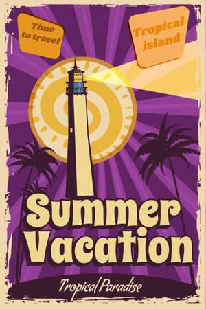 Poster Summer Vacation retro, sailing ship on the ocean, island, coast, palmsのイラスト素材