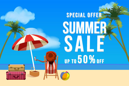 Summer sale banner. Tropical beach, woman in the beach chair, stage, surf, umbrella, palm leaves, sky, cloudのイラスト素材