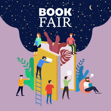 Book Fair or Festival concept, small people reading and opened huge bookのイラスト素材