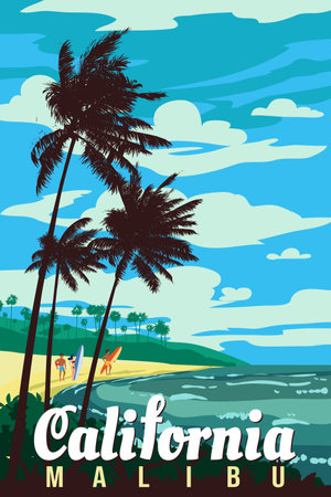 California Malibu Beach retro travel poster vectorのイラスト素材