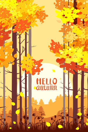 Poster Hello Autumn forest, park landscape, sunsetのイラスト素材