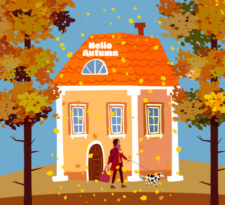 Autumn landscape, woman in autumn coat walking the dogのイラスト素材