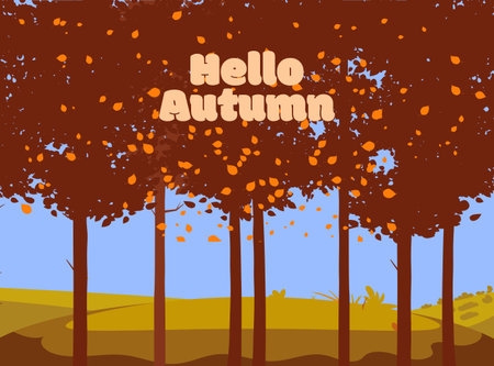 Hallo Autumn, September landscape, fall trees with yellow leaves, lonely benchのイラスト素材