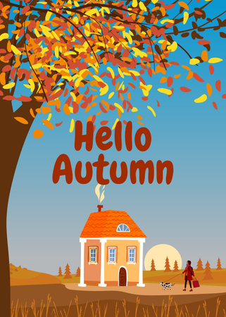 Hello Autumn poster, old home buildingのイラスト素材