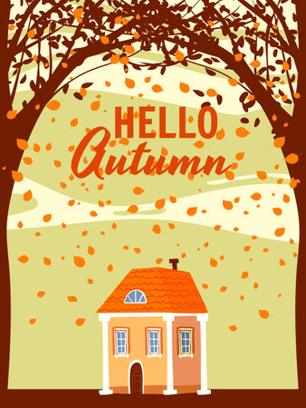 Hello Autumn poster, old home buildingのイラスト素材