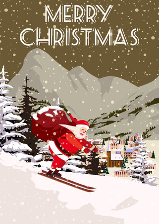 Poster Merry Christmas Santa Claus skiing in snow mountains resortのイラスト素材