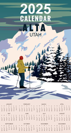 2025 Calendar Monthly Ski Travel resort posterのイラスト素材