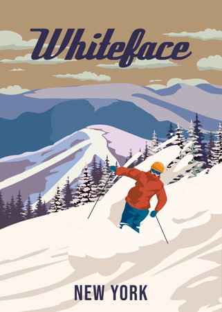 Vintage Travel poster Whiteface ski resort winter landscapeのイラスト素材