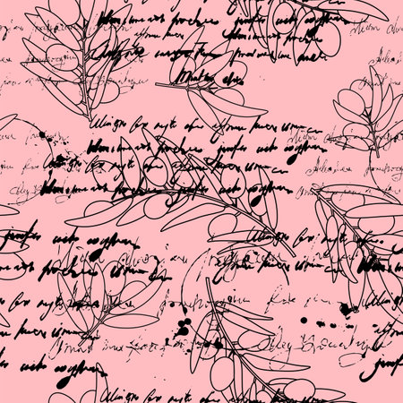 Unreadable text seamless pattern olives branch, retro vintageのイラスト素材