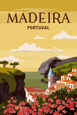 Vintage travel poster Madeira Portugal, tropical resortのイラスト素材
